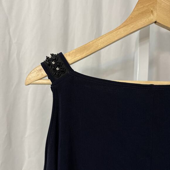 Chicos Travelers Tunic Top Large Size 2 Navy Blue Cold Shoulder - Picture 10 of 11